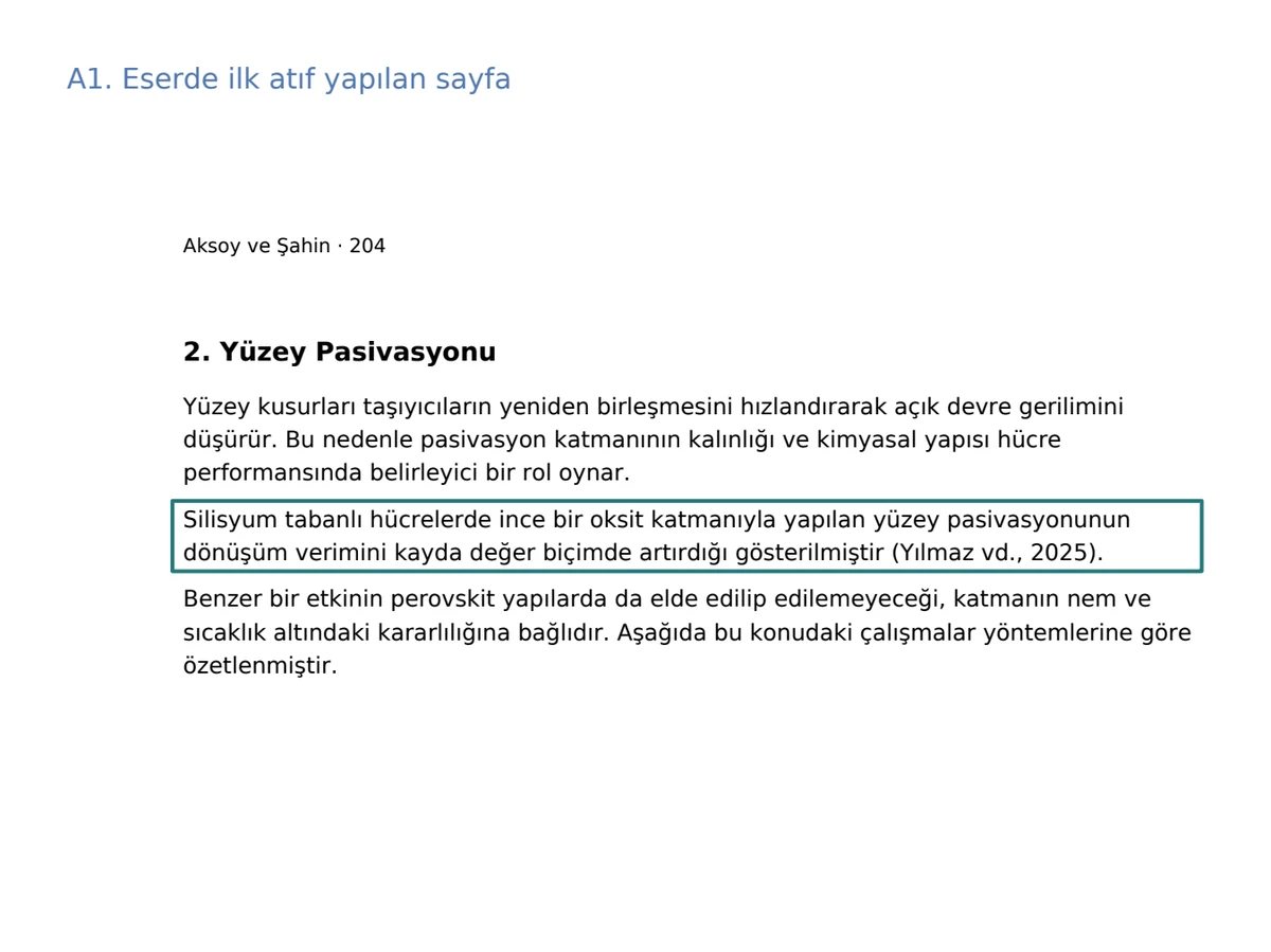 Atıf yapan makalede atfın geçtiği cümle çerçeveyle işaretlenmiş sayfa